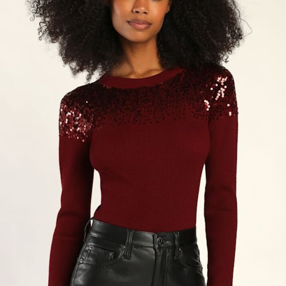 Lulus Seasonal Shine Burgundy Ribbed Knit Sequin Long Sleeve Top Purple